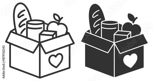Food donation icon set. Charity box with groceries and heart symbol, volunteer help, support and community care. Minimal outline vector icons on transparent background