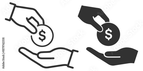 Charity donation icon set. Hand giving money coin symbol, support, payment and fundraising. Flat silhouette vector collection on transparent background