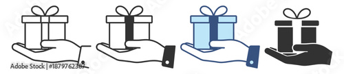 Gift icon set. Present box in hand symbol, donation, charity giving, support and kindness. Minimal outline vector icons on transparent background