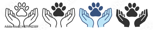 Pet charity icon set. Paw in hands symbol, animal rescue, shelter adoption, support and care. Flat silhouette vector collection on transparent background