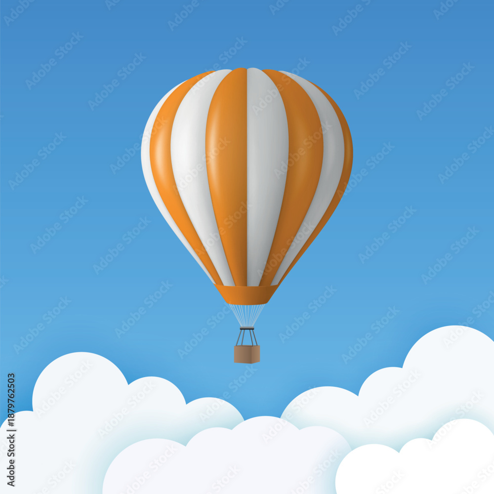 Fototapeta premium Vector Travel Banner with 3d Realistic White and Orange Hot Air Balloon Icon on a Blue Sky Background. Design Template, Summer Vacation, Travelling, Tourism and Journey Concept