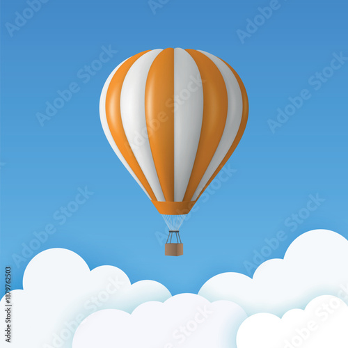 Vector Travel Banner with 3d Realistic White and Orange Hot Air Balloon Icon on a Blue Sky Background. Design Template, Summer Vacation, Travelling, Tourism and Journey Concept