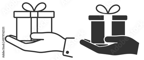 Gift icon set. Present box in hand symbol, charity donation, giving, gratitude and generosity. Flat silhouette vector collection on transparent background