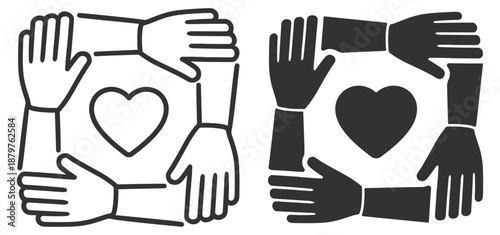 Community support icon set. Hands around heart symbol, teamwork, cooperation, unity and solidarity. Flat silhouette vector collection on transparent background