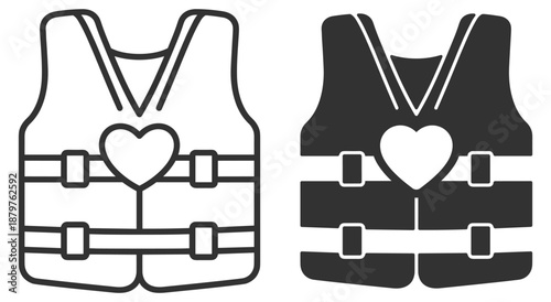 Volunteer charity icon set. Safety vest with heart symbol, help, support, rescue and community aid. Minimal outline vector icons on transparent background