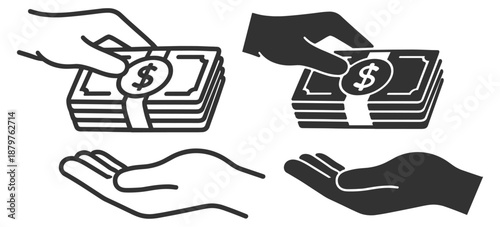 Donation icon set. Hands giving money cash, charity fundraising, volunteer support and generosity. Editable outline vector icons on transparent background