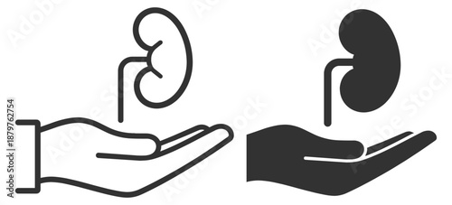 Kidney donation icon set. Organ in hand symbol, medical donor, transplant and healthcare support. Flat silhouette vector collection on transparent background