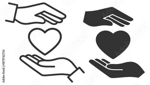 Charity heart donation icon set. Hands giving love symbol, donation, volunteer help, support and care. Editable outline vector icons on transparent background