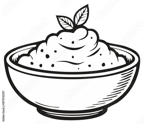 Stylized Black and White Drawing of a Bowl of Mashed Potatoes Garnished with Leaves