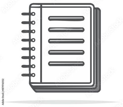 Simple open spiral notebook with lined paper and gray shading, isolated illustration