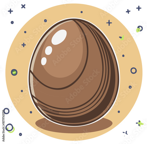 Sweet glossy brown chocolate Easter egg illustration with festive doodle background