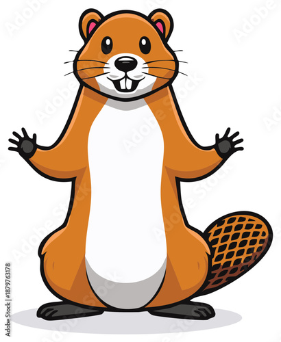 Cartoon beaver character with open arms and a friendly expression great for illustration