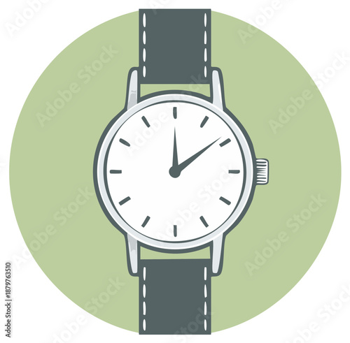 Illustration of a classic wristwatch, white watch face, dark grey strap, and green circle background.