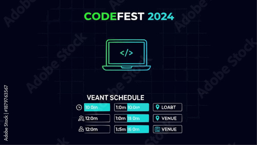 Codefest 2024 event promotion featuring a glowing laptop icon and schedule details for attendees high quality professional