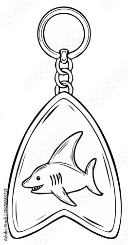 Keychain with a shark illustration. Black and white image, outline drawing.