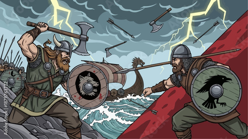 A fierce viking warrior leads a battle against enemies amidst a stormy sea and flashing lightning bolts