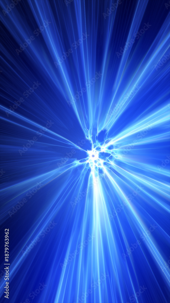 Fototapeta premium Intense blue energy burst with radiant beams and electric core, representing speed, power, and futuristic digital motion