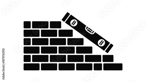 Brick wall construction process with a spirit level, symbolizing precision in building Vector