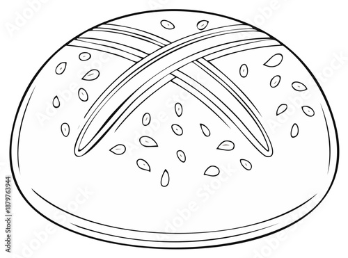Simple line art illustration of a round seeded bread roll with a scored top