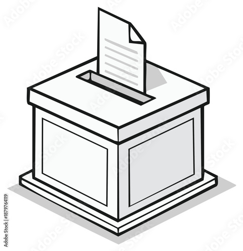 Illustrated ballot box with paper document, voting concept.