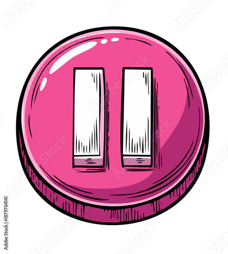 Pause Button Icon: Pink Glossy Circle with Vertical Bars, Comic Style Media Play Control
