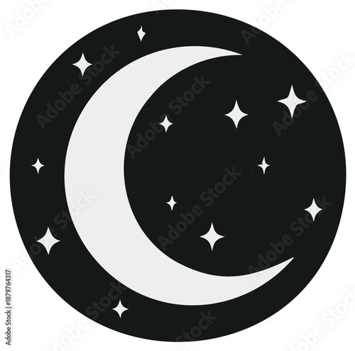 Crescent moon with glowing stars in a dark night sky illustration