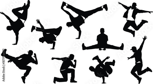 Collection of breakdance silhouettes in dynamic street dance poses, black vector illustrations of hip hop dancers isolated on white background for design use