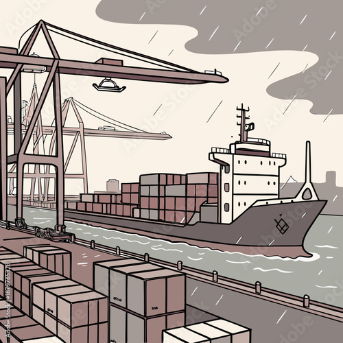 Cargo ship docked at international shipping port with containers and cranes