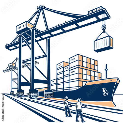 Container loading port with cargo ship and industrial cranes