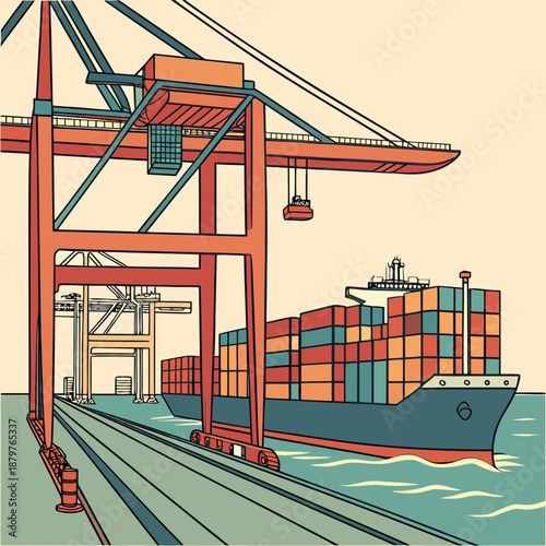 Ocean side container terminal with cranes and cargo ship