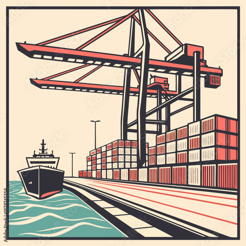 Ocean side container terminal with cranes and freight ship
