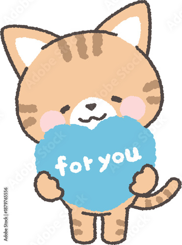 「for you」と書かれたハートを持つ茶トラネコ　