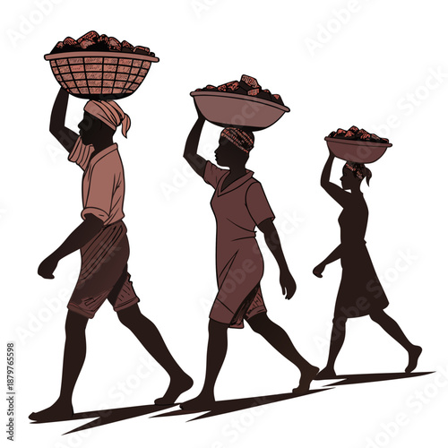Workers marching with earth filled baskets on heads