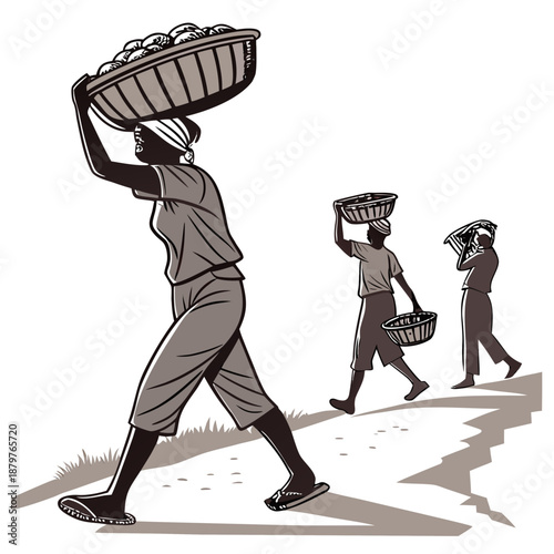Workers carrying baskets on heads laborers manual labor