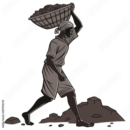 Barefoot laborer carrying basket on head worker rocks