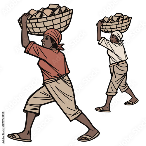 Manual laborers carrying baskets on their heads people