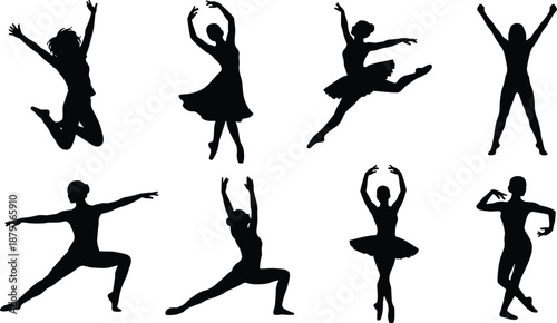 Collection of dance and ballet silhouettes showing elegant jumps and poses, black vector illustrations isolated on white background for performance, fitness and artistic design use