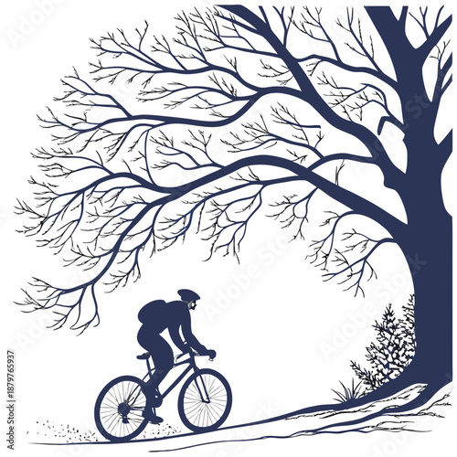 Cyclist Riding Under Bare Tree in Snow bicycle winter