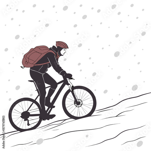 Winter cyclist riding uphill with backpack on snowy road
