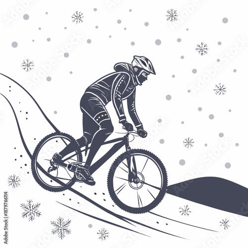 Cyclist riding bicycle on snowy hill with snowflakes