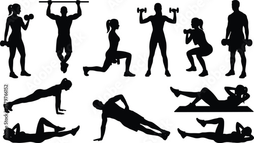 Collection of fitness exercise silhouettes showing strength training, workout and gym routines, black vector illustrations isolated on white background for healthy lifestyle design