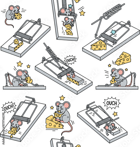 Funny Cartoon Mice and Mousetrap Illustration Set with Cheese and Speech Bubbles