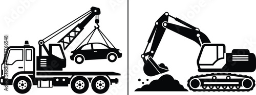 Heavy Machinery Icons for Towing Service and Construction ExcavationHeavy Machinery Icons for Towing Service and Construction Excavation