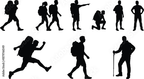 Collection of hiking and trekking silhouettes showing backpackers walking, pointing directions and resting, black vector illustrations isolated on white background for travel