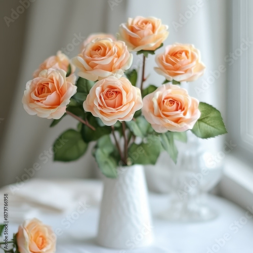 Peach rose bouquet rose flower vase floral arrangement romantic home decor delicate petals soft light window background