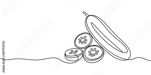Single continuous line drawing whole and sliced healthy organic cucumber for orchard logo identity. Fresh vegetable concept for vegan garden. one line Icon drawing
