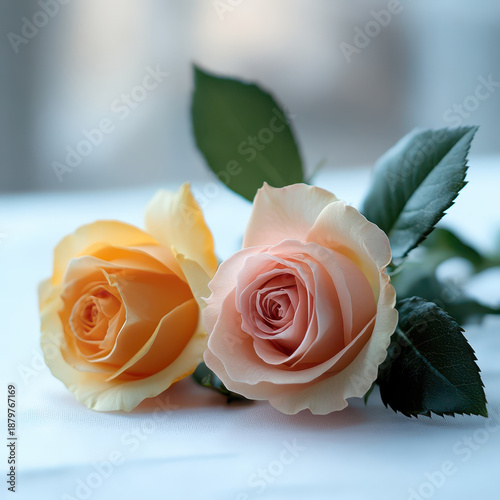 Peach rose yellow rose floral still life closeup romantic flower delicate petals soft light green leaf