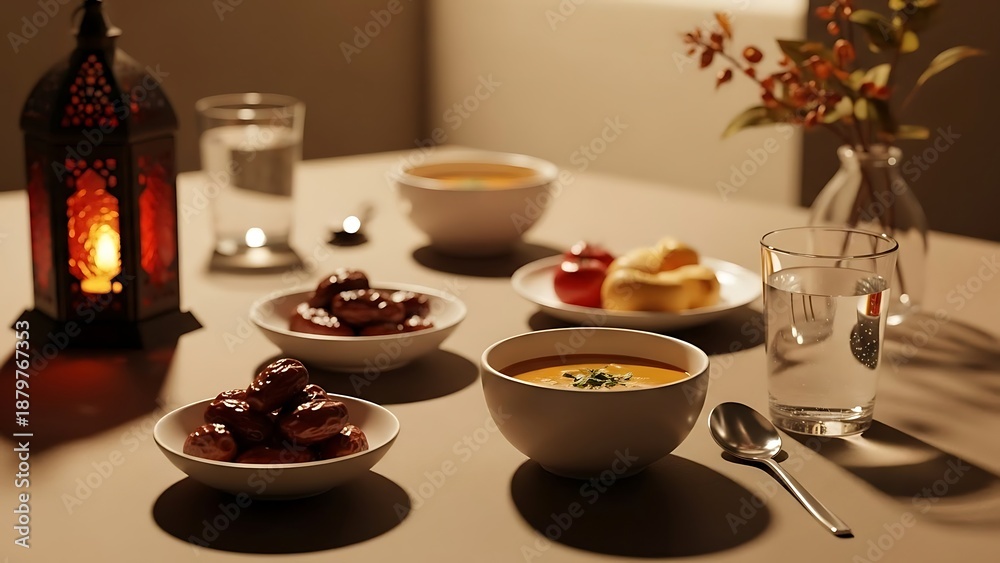 Fototapeta premium Ramadan dinner setup with food and lantern on table