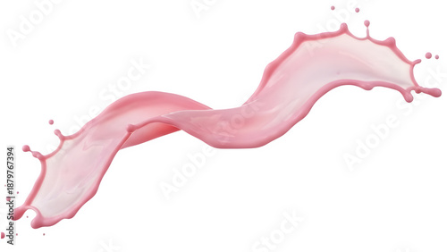 Pink strawberry milk splash swirling in a dynamic wave with creamy liquid droplets for food or cosmetic advertising on transparent background