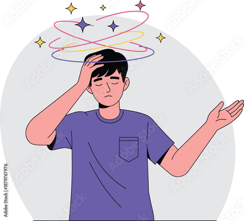 Man Experiencing Dizziness and Vertigo with Spinning Stars IllustrationMan Experiencing Dizziness and Vertigo with Spinning Stars Illustration